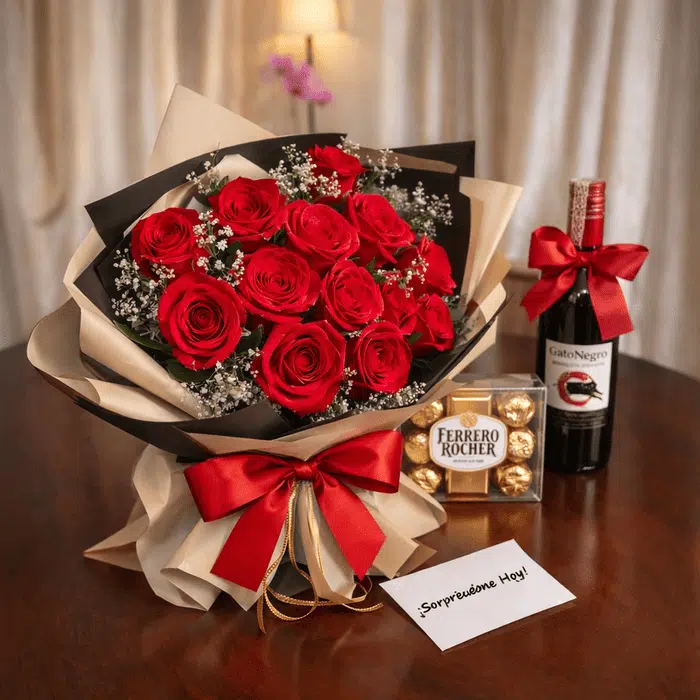 Bouquet de Rosas, Vino y Chocolates flores Bouquet de Rosas, Vino y Chocolates - Imagen 1