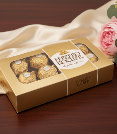 Caja dorada de bombones envueltos en papel oro sobre mesa de madera, junto a tela beige satinada y ramo de flores rosas y blancas