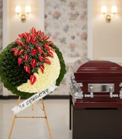 Corona fúnebre redonda con flores rojas y blancas sobre caballete, al lado de un ataúd de madera barnizada en una sala velatoria iluminada