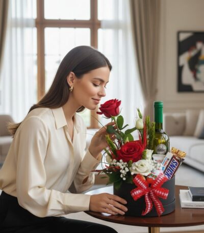 Mujer elegante oliendo una rosa roja de un arreglo floral CARLO con vino y chocolates en un ambiente de lujo.