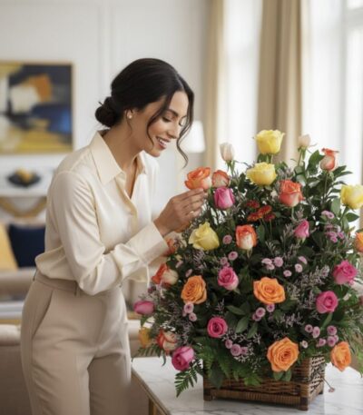 Mujer elegante admirando y tocando delicadamente un Arreglo DONNIA, una cesta grande con 34 rosas de colores variados (amaril