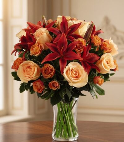 Arreglo Floral ALESSANDRA con rosas naranjas y lirios frescos en un jarrón de cristal, sobre una mesa de madera oscura con un