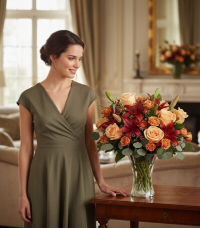 Mujer elegante admirando un arreglo floral ALESSANDRA con rosas naranjas, lirios rojos y eucalipto en un jarrón de cristal, s