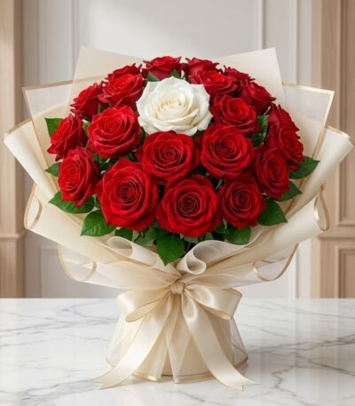 Arreglo floral ALESSIA con 23 rosas rojas vibrantes y una rosa blanca central, envuelto en papel coreano color crema con lazo
