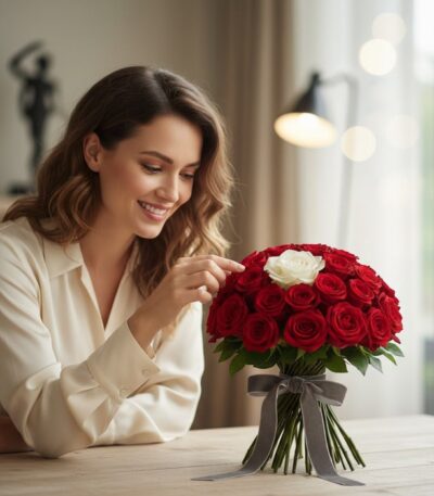 Mujer sonriente admirando el Arreglo Floral ALESSIA con 23 rosas rojas y 1 rosa blanca, atado con un moño gris, en un interio