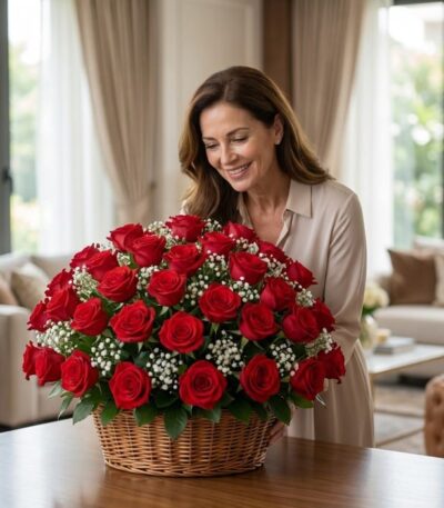Mujer elegante admirando un gran arreglo floral de rosas rojas en una cesta de mimbre, en un lujoso salón con luz natural.
