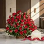 Impresionante arreglo floral Amor Gigante con docenas de rosas rojas frescas y follaje verde, presentado en una cesta de mimb
