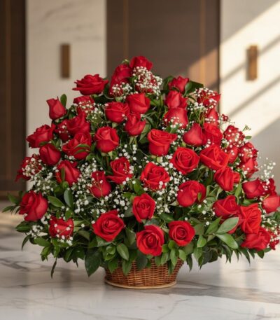 Arreglo Floral Amor Gigante con rosas rojas frescas y follaje verde en una cesta de mimbre, sobre una superficie de mármol pu