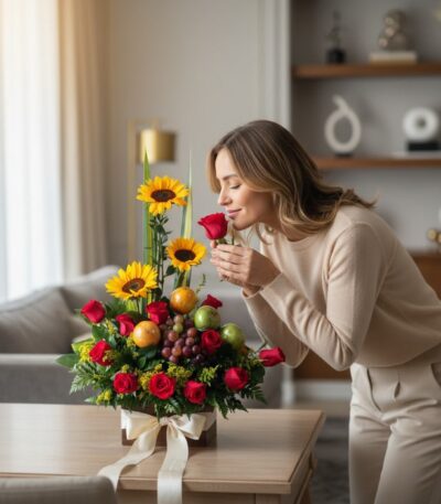 Mujer elegante oliendo una rosa roja de un Arreglo Floral Batista con girasoles, rosas y frutas frescas en un lujoso salón.