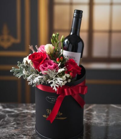 Arreglo floral BENTO con rosas rojas y rosadas, follaje verde y una botella de vino tinto en una caja negra con lazo rojo, so