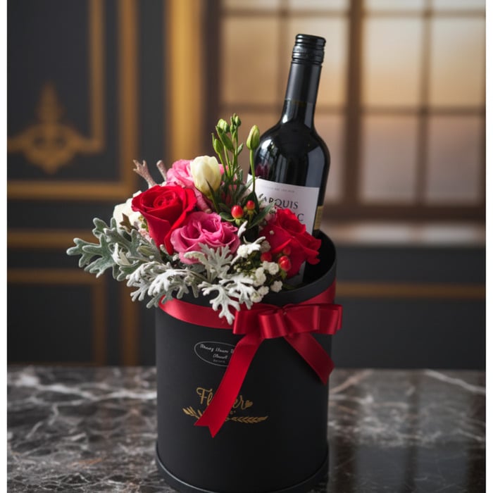 Arreglo floral BENTO con rosas rojas y rosadas, follaje verde y una botella de vino tinto en una caja negra con lazo rojo, so