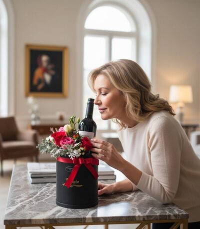 Mujer elegante admirando un arreglo floral BENTO con rosas rojas y rosadas, y una botella de vino, en un lujoso interior.