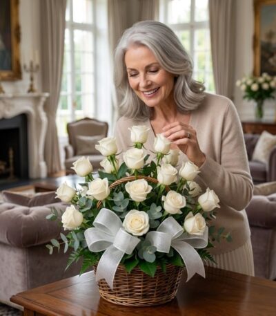 Mujer elegante de cabello gris admirando un arreglo floral de rosas blancas en una cesta de mimbre con un moño blanco, en un