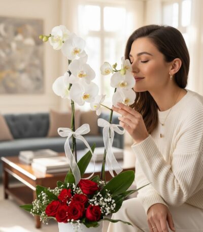 Mujer elegante admirando y oliendo el Arreglo Floral BRIANA con orquídeas blancas y rosas rojas en un hogar lujoso.