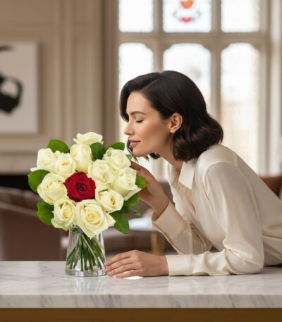 Mujer elegante oliendo un arreglo floral CARLA con 11 rosas blancas y 1 rosa roja en jarrón de cristal, sobre una mesa de már