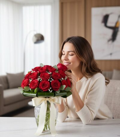 Mujer joven y elegante sonriendo, oliendo un Arreglo Floral DOMENICA con 30 rosas rojas frescas en un jarrón de cristal, sobr