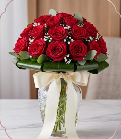 Arreglo floral DOMENICA con 30 rosas rojas frescas en un jarrón de cristal elegante, ideal para expresar amor y pasión.
