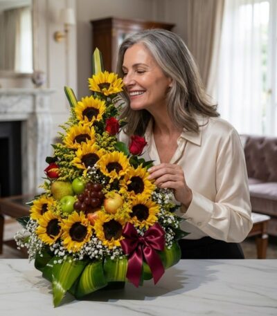 Mujer elegante de cabello gris admirando y oliendo un Arreglo Floral Dorado con girasoles, rosas rojas, uvas y manzanas verde