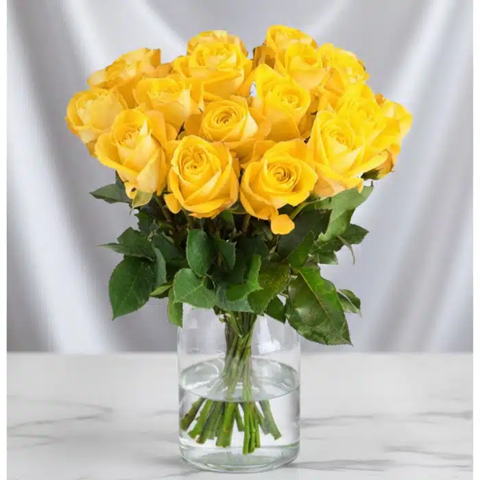 Arreglo Floral Elisabetta: 18 Rosas Amarillas para Amistad y Gratitud Arreglo floral Elisabetta con 18 rosas amarillas frescas en un jarrón de cristal, ideal para expresar amistad y gratitud.