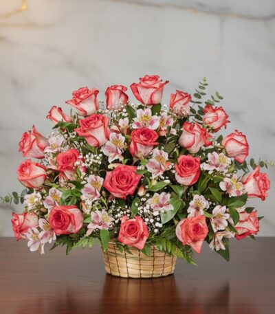 Arreglo floral Emilia con 32 rosas blush frescas, alstroemerias blancas y follaje verde en una canasta de mimbre sobre una me