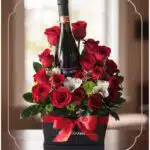 Arreglo floral ENNIO con rosas rojas vibrantes, alstroemerias blancas y vino tinto, presentado en caja negra con lazo rojo.