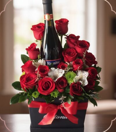 Arreglo floral ENNIO con rosas rojas vibrantes, alstroemerias blancas y vino tinto, presentado en caja negra con lazo rojo.