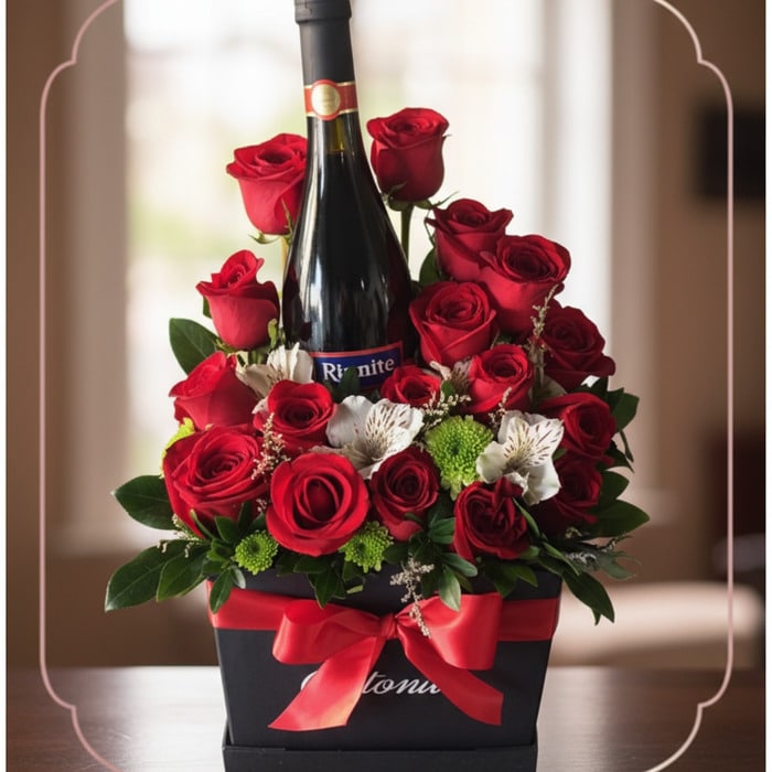 Arreglo floral ENNIO con rosas rojas vibrantes, alstroemerias blancas y vino tinto, presentado en caja negra con lazo rojo.