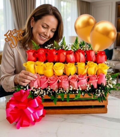 Mujer sonriente admirando un Arreglo Floral Escala con rosas rojas, amarillas y rosadas, un moño fucsia y globos dorados, en