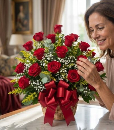 Mujer elegante admirando con deleite un Arreglo Floral Escarlata, un cesto de rosas rojas con follaje verde y lazos rojos, en