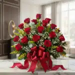 Arreglo floral Escarlata con rosas rojas vibrantes, follaje verde y flores blancas en una cesta de mimbre, adornado con un la