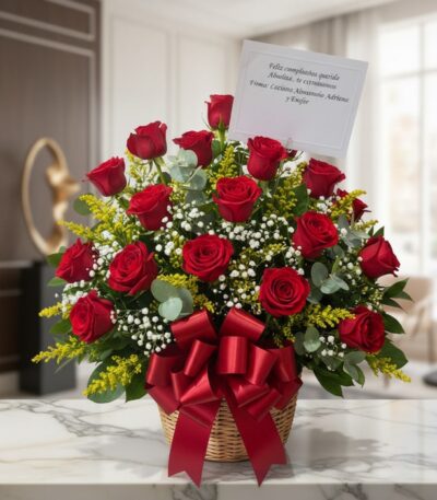 Arreglo floral Escarlata con rosas rojas vibrantes, follaje verde y flores blancas, presentado en una cesta de mimbre con un