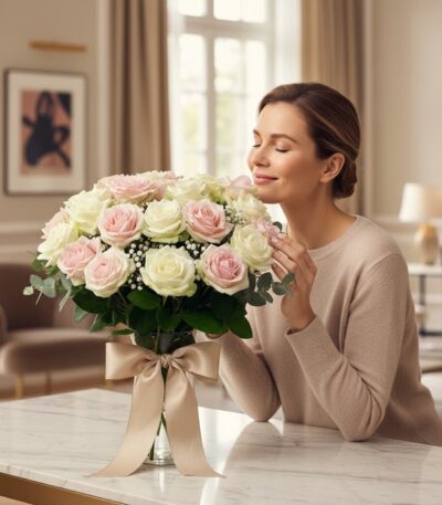 Mujer elegante y natural admirando y oliendo el Arreglo Floral Evelin, compuesto por 22 rosas blancas y rosadas, en un jarrón