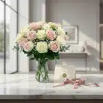 Arreglo Floral Evelin con 22 rosas blancas y rosadas en jarrón de cristal, tarjeta de regalo y cinta de satén sobre mármol.