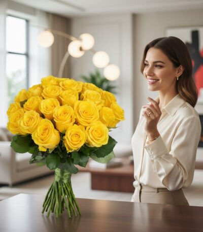Mujer elegante admirando el Arreglo Floral Evelina, un ramo de 24 rosas amarillas vibrantes en un entorno de hogar lujoso y d