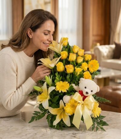 Mujer elegante admirando y oliendo un Arreglo Floral Exótico Amaretto con rosas amarillas, lirios y gerberas, acompañado de u