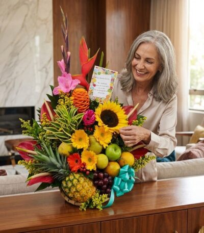Mujer elegante de mediana edad admirando un Arreglo Floral Exótico Antídoto con frutas y flores tropicales en un hogar de luj
