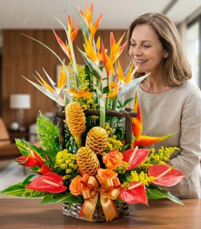 Mujer elegante de mediana edad admirando con deleite un Arreglo Floral Exótico Apolo, con aves del paraíso, jengibre y anturi
