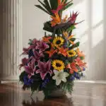 Arreglo floral exótico Armonía con lirios morados, girasoles, aves del paraíso y flores naranjas, sobre una mesa de madera pu