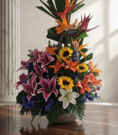 Arreglo floral exótico Armonía con lirios morados, girasoles, aves del paraíso y flores naranjas, sobre una mesa de madera pu