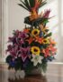 Arreglo floral exótico Armonía con lirios morados, girasoles, aves del paraíso y flores naranjas, sobre una mesa de madera pu