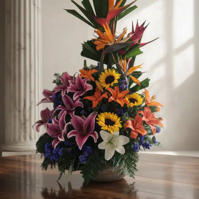 Arreglo Floral Exótico Armonía: Lirios, Girasoles y Aves del Paraíso Arreglo floral exótico Armonía con lirios morados, girasoles, aves del paraíso y flores naranjas, sobre una mesa de madera pu