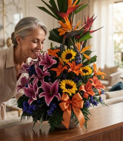 Mujer elegante de mediana edad admirando y oliendo un Arreglo Floral Exótico Armonía con lirios, girasoles y aves del paraíso