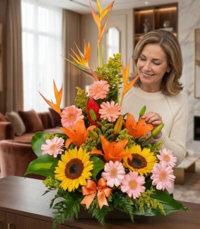 Mujer elegante admirando el Arreglo Floral Exótico Columba con girasoles, lirios y aves del paraíso en un lujoso interior de