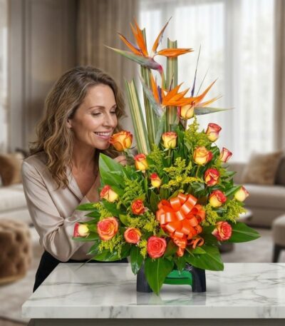 Mujer elegante admirando y oliendo un Arreglo Floral Exótico Esplendor con rosas naranjas y aves del paraíso en un lujoso int