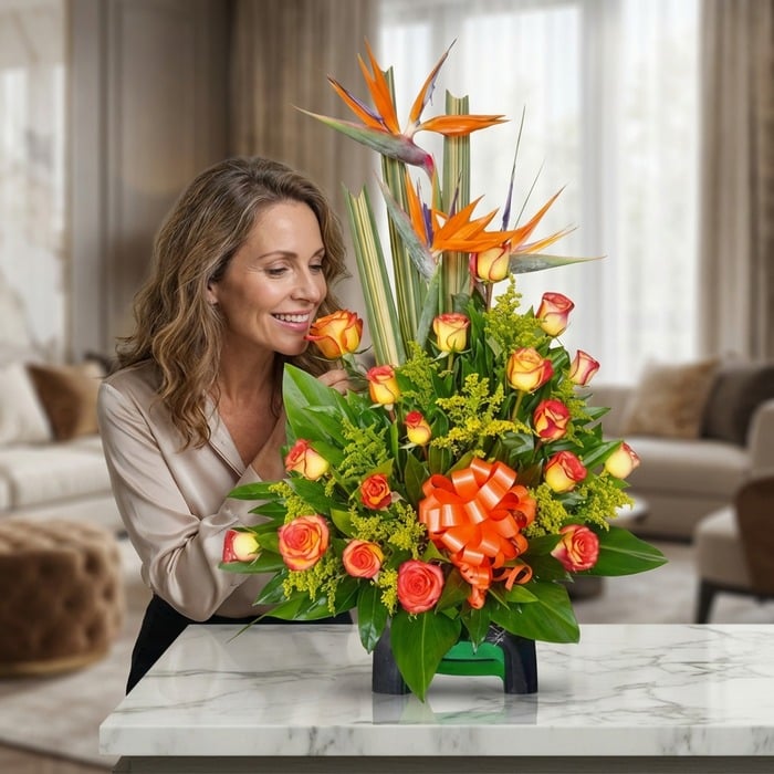 Mujer elegante admirando y oliendo un Arreglo Floral Exótico Esplendor con rosas naranjas y aves del paraíso en un lujoso int