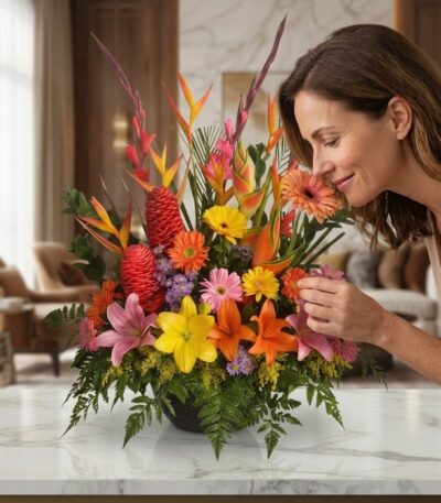 Mujer elegante y natural admirando y oliendo un Arreglo Floral Exótico Fusión con flores tropicales vibrantes en un hogar de