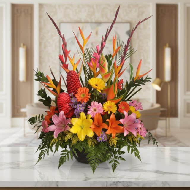 Arreglo floral exótico Fusión con lirios, aves del paraíso, jengibre y gerberas en tonos vibrantes sobre mármol, fondo elegan