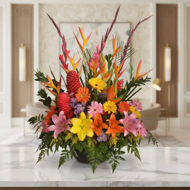 Arreglo floral exótico Fusión con lirios, aves del paraíso, jengibre y gerberas en tonos vibrantes sobre mármol, fondo elegan