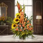Arreglo floral exótico Intocable con rosas naranjas, girasoles vibrantes y aves del paraíso, sobre mármol en un elegante lobb