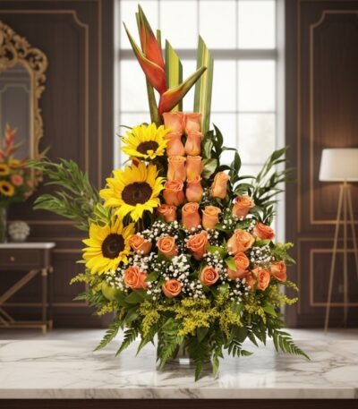 Arreglo floral exótico Intocable con rosas naranjas, girasoles vibrantes y aves del paraíso, sobre mármol en un elegante lobb